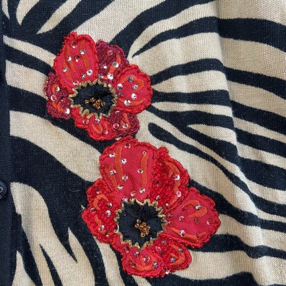 Vintage XL Cardigan Sequin Poppy Flowers Zebra Print Button Jack B. Quick Classy - Picture 3 of 16